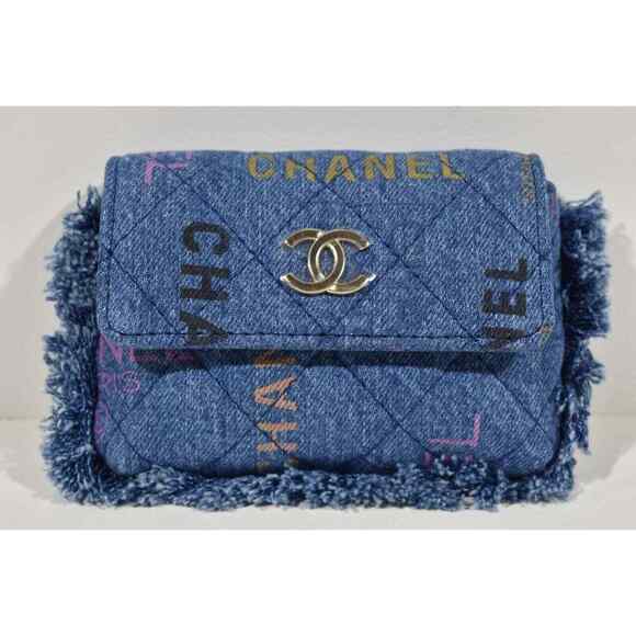 Chanel 22P Blue Denim Graffiti CC Logo Shoulder Crossbody Clutch Credit Card Bag - Picture 2 of 12